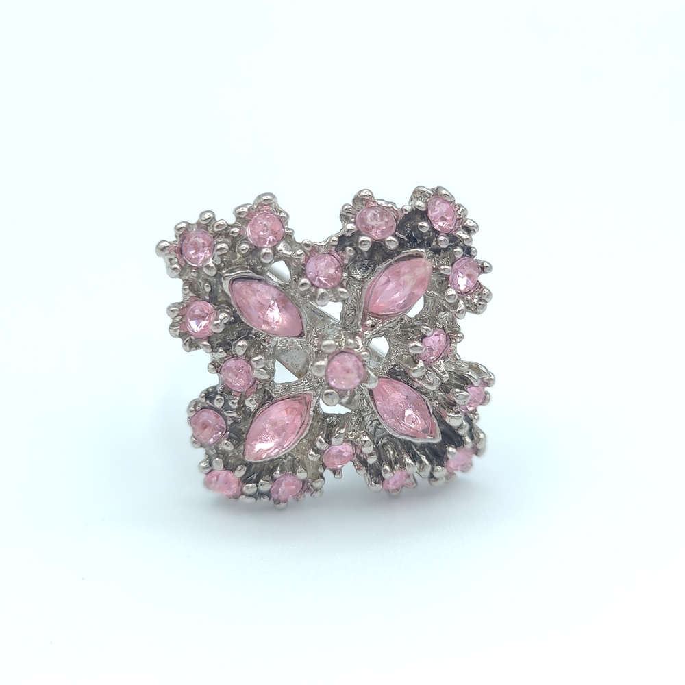 Pink Rhinestone Floral Cocktail Ring Adjustable Silver Tone Ring